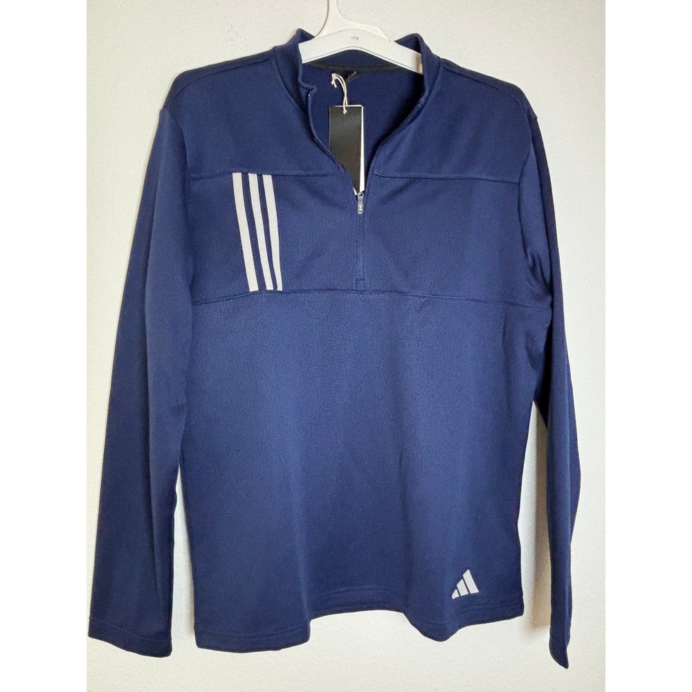 Adidas Mens 1/4 Zip Pullover Navy Blue Waffle Knit Three Stripe Athletic Size M